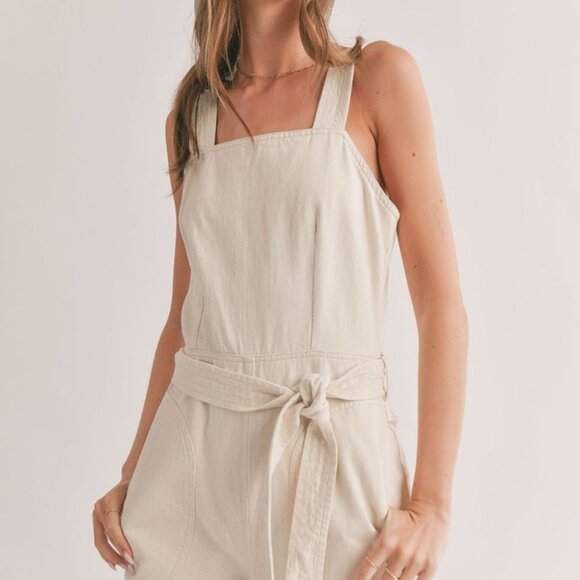 Women's Cotton Denim Overalls | Oatmeal - Picture 2 of 5